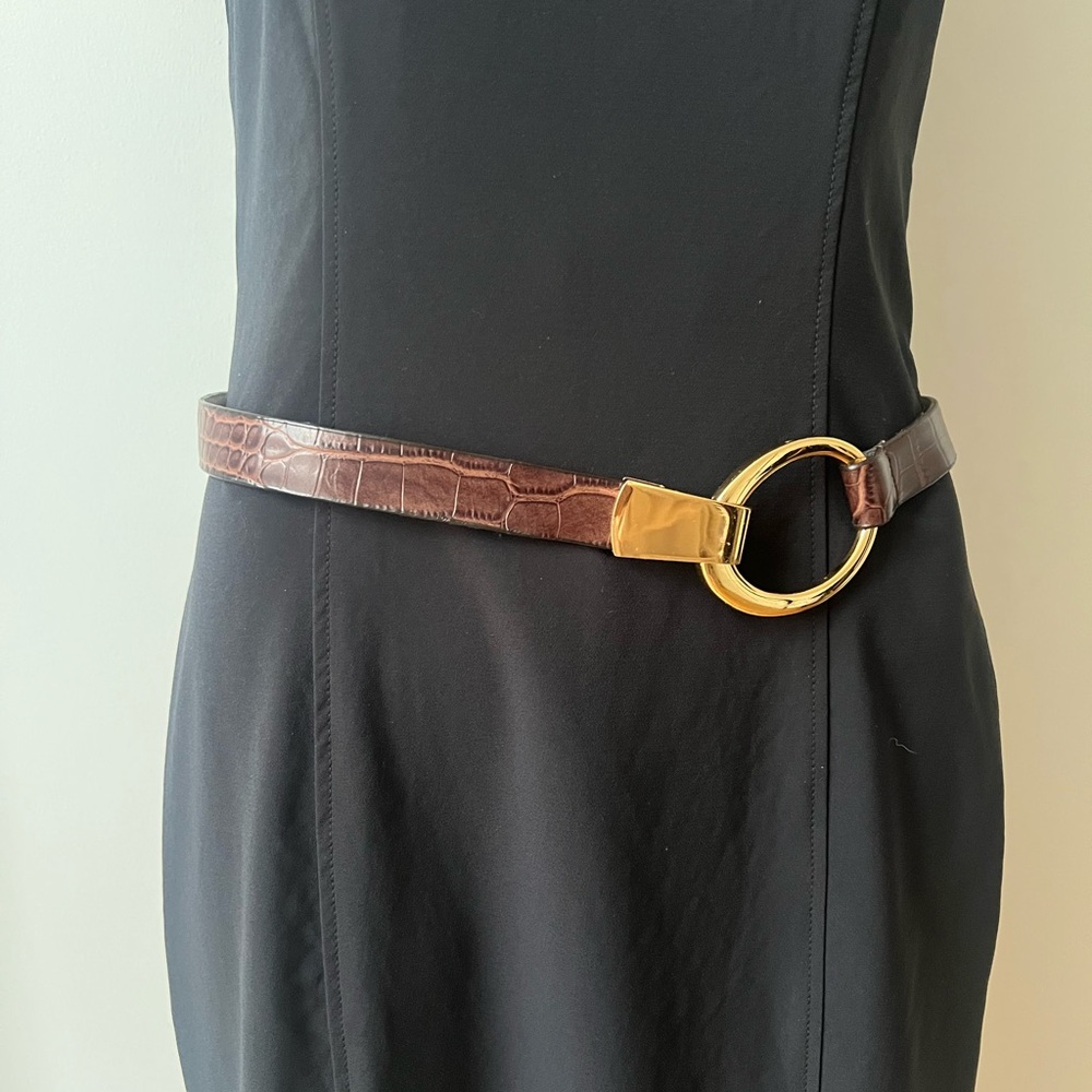 Anne Klein Brown Croc-Embossed Belt with Gold Circle Buckle